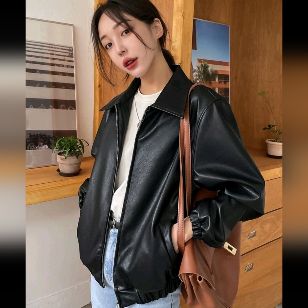 DAZY slant pocket PU Leather Bomber Jacket